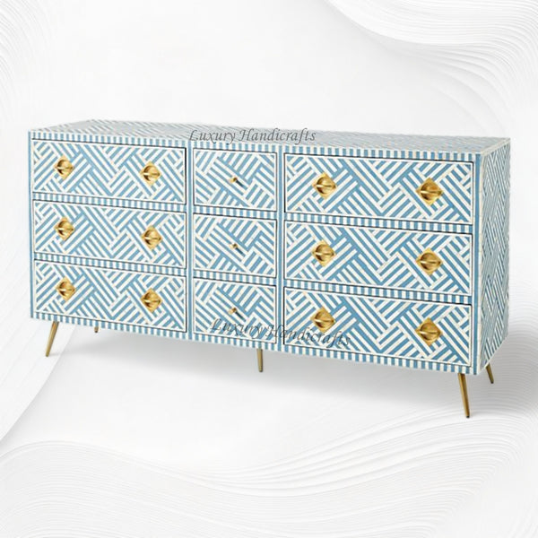 Optical Bone Inlay 9 Drawer Chest Blue
