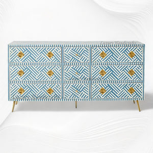 Optical Bone Inlay 9 Drawer Chest Blue