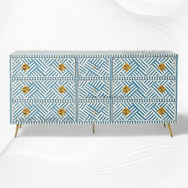 Optical Bone Inlay 9 Drawer Chest Blue
