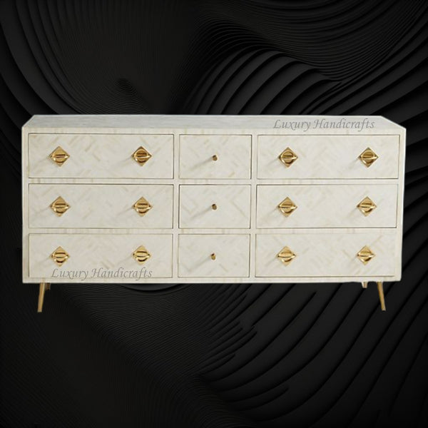Optical Bone Inlay 9 Drawer Chest White