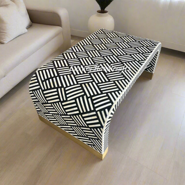 Optical Waterfall Bone Inlay Coffee Table Black Brass Base 1