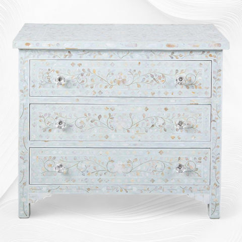 Pale Blue Mother Of Pearl Inlay 3 Drawer Chest Floral