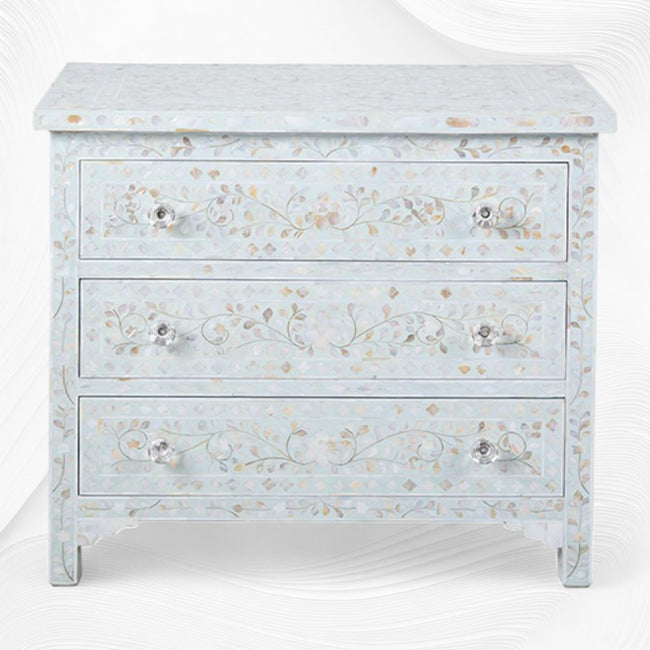 Pale Blue Mother Of Pearl Inlay 3 Drawer Chest Floral
