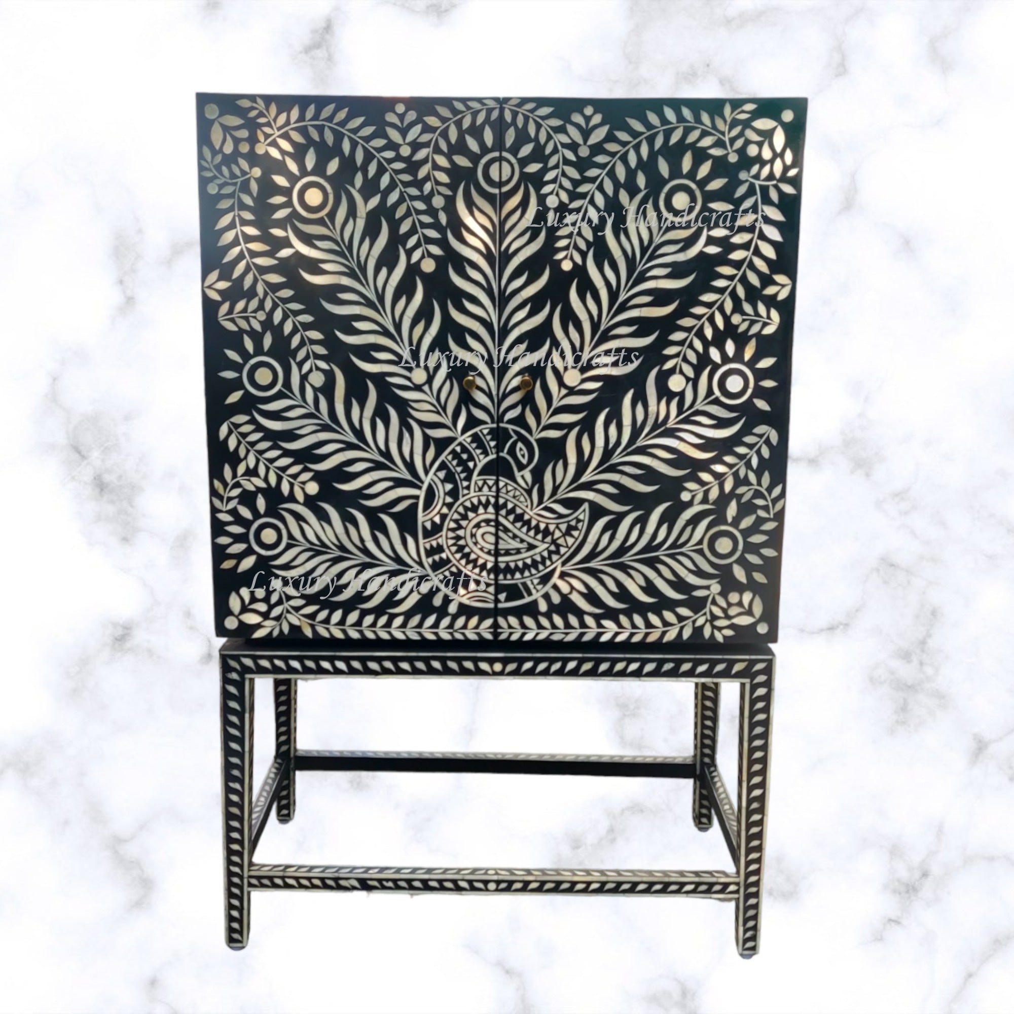 Peacock Design Bone Inlay Bar Cabinet Black