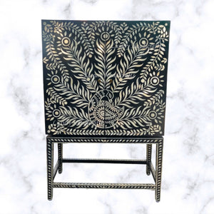 Peacock Design Bone Inlay Bar Cabinet Black