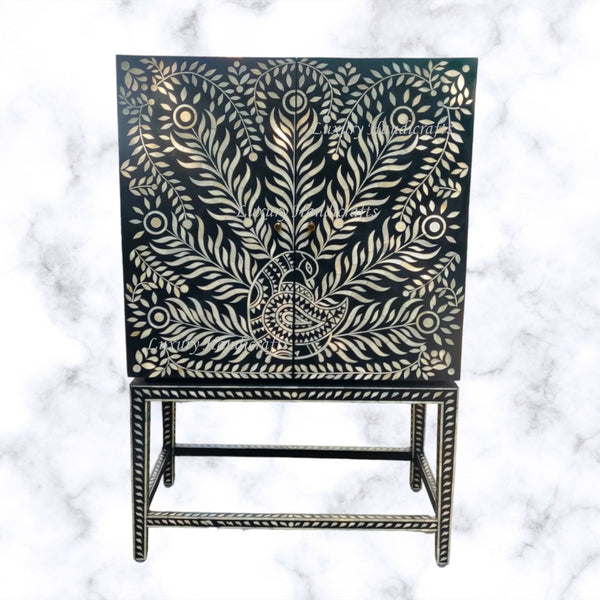 Peacock Design Bone Inlay Bar Cabinet Black