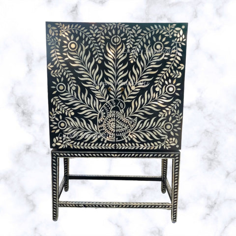 Peacock Design Bone Inlay Bar Cabinet Black