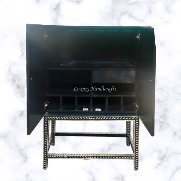 Peacock Design Bone Inlay Bar Cabinet Black