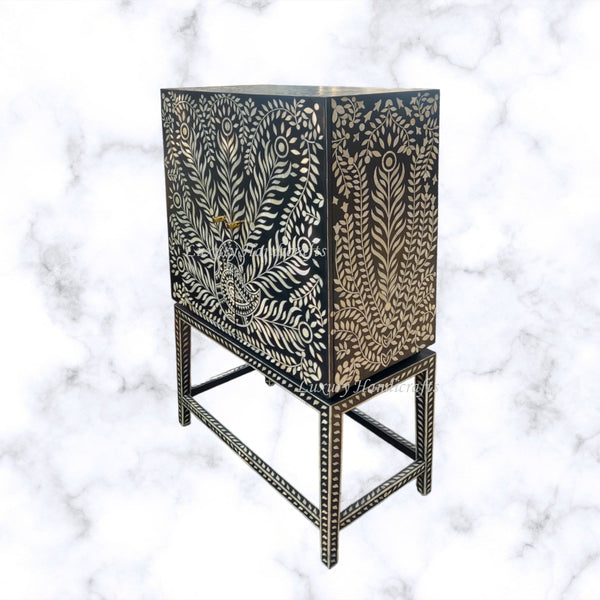 Peacock Design Bone Inlay Bar Cabinet Black