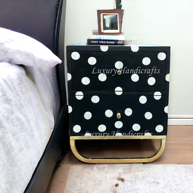 Polka Dot Bone Inlay Bedside Table – Black, 2 Drawer Nightstand