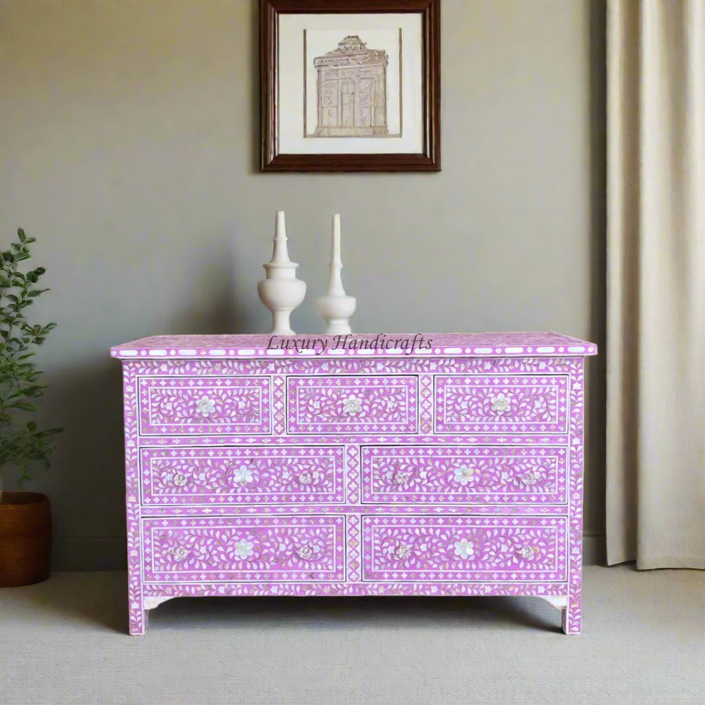 Purple Mother Of Pearl Inlay Chest Of 7 Drawers Large – Luxury Handicraft