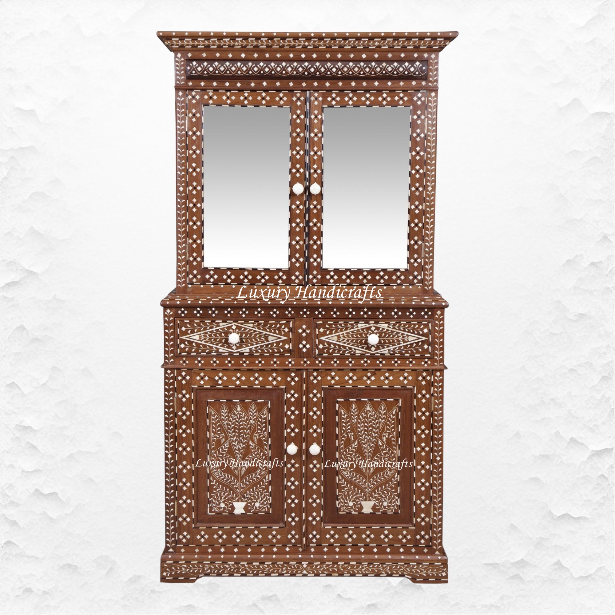 Ross Indian Teak Wood Bone Inlay Cabinet 