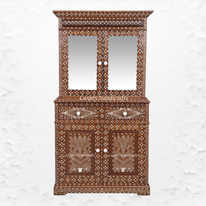 Ross Indian Teak Wood Bone Inlay Cabinet 
