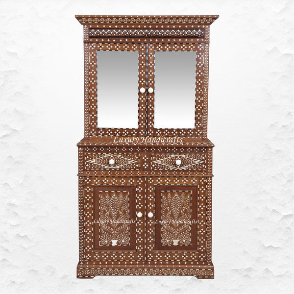 Ross Indian Teak Wood Bone Inlay Cabinet 