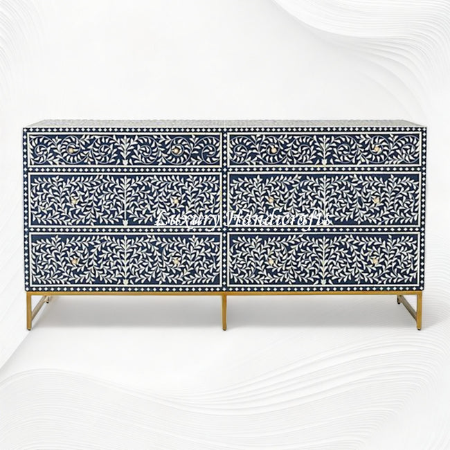 Scroll Vine Bone Inlay 6 Drawer Dresser Blue 1