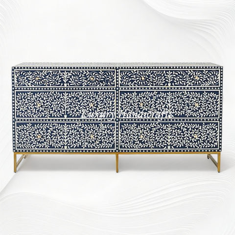 Scroll Vine Bone Inlay 6 Drawer Dresser Blue