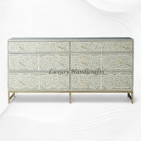 Scroll Vine Bone Inlay 6 Drawer Dresser Grey