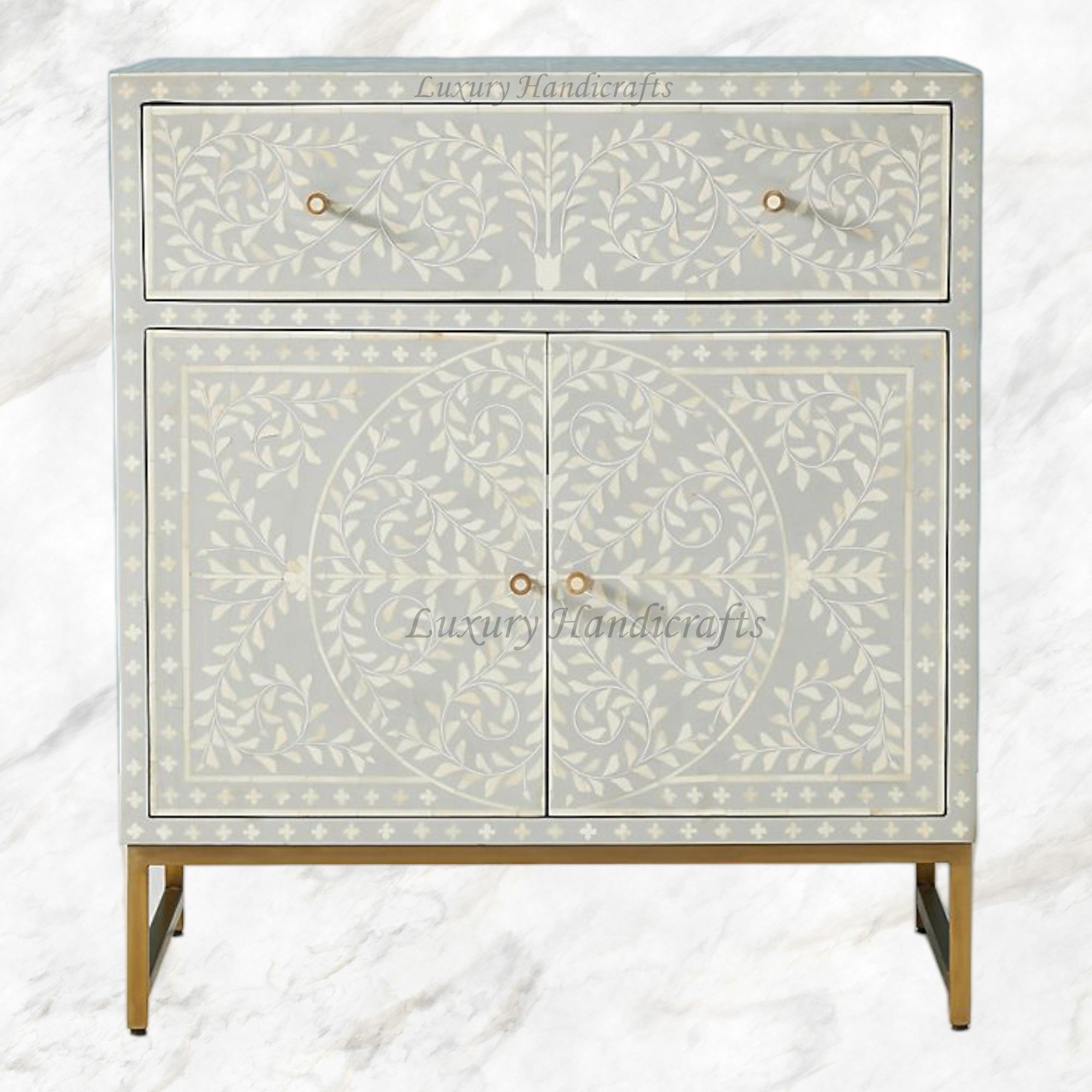Scroll Vine Bone Inlay Entryway Cabinet Grey