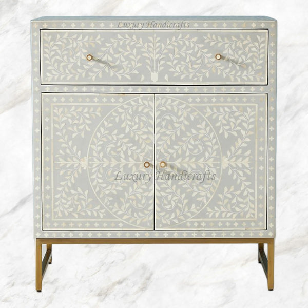 Scroll Vine Bone Inlay Entryway Cabinet Grey