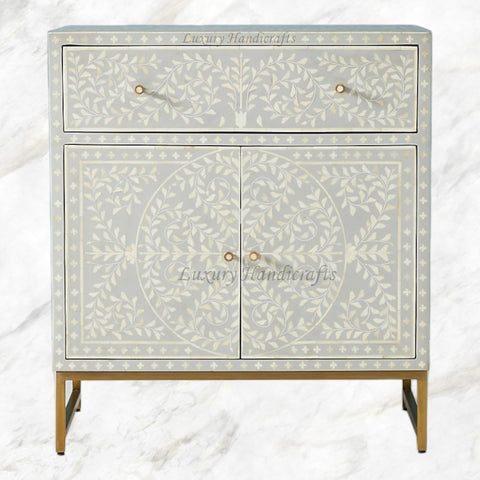 Scroll Vine Bone Inlay Entryway Cabinet Grey