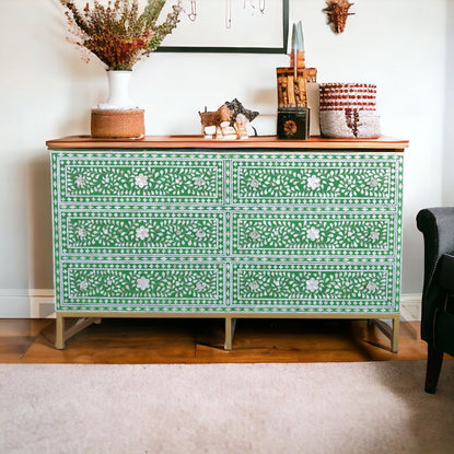 Scroll Vine MOP Inlay 6 Drawer Dresser Green Luxury Handicraft Scroll Vine MOP Inlay 6 Drawer Dresser Green Luxury Handicraft