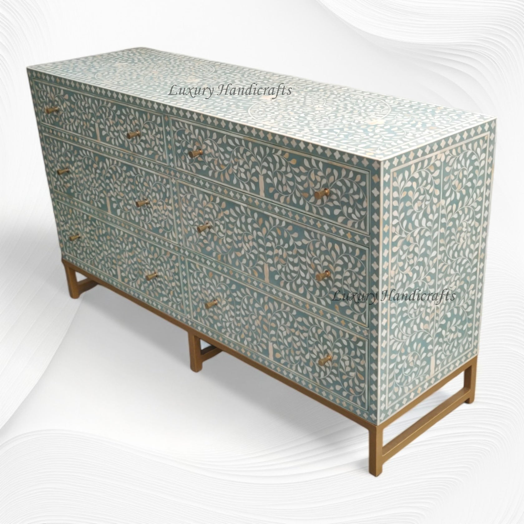 Scroll Vine Bone Inlay 6 Drawer Dresser Green – Luxury Handicraft