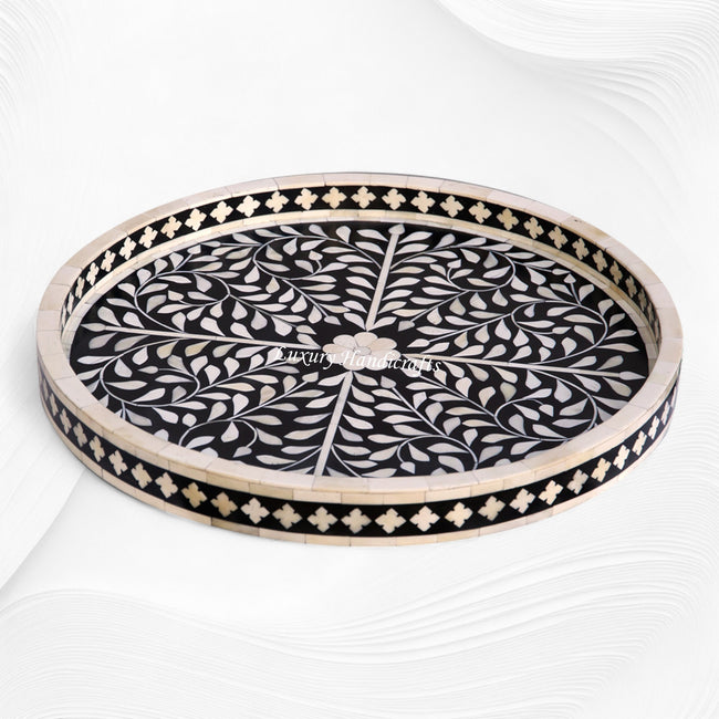 Small Round Bone Inlay Tray Floral Design Black