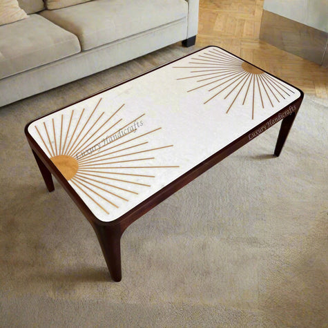 Starburst Marble Brass Inlay Rectangular Coffee Table Walnut Finish 1