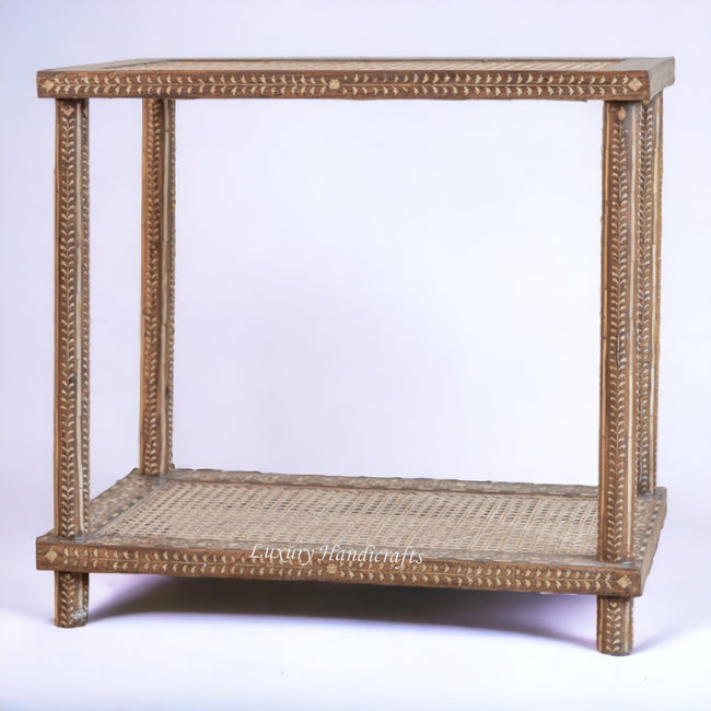 Table d'appoint en bois de teck avec marqueterie d'os naturel