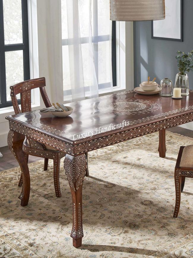 Teakwood Bone Inlay 6 Seater Dining Table Natural