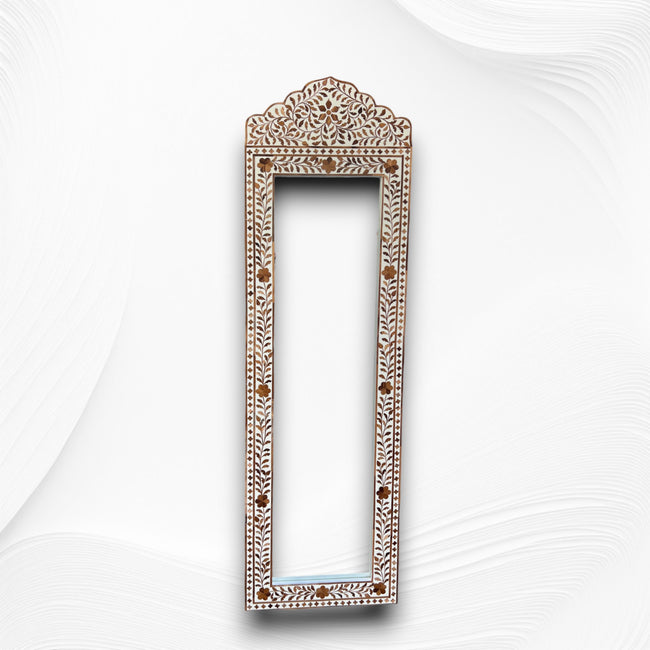 Teakwood Inlay Crested Floor Mirror Beige
