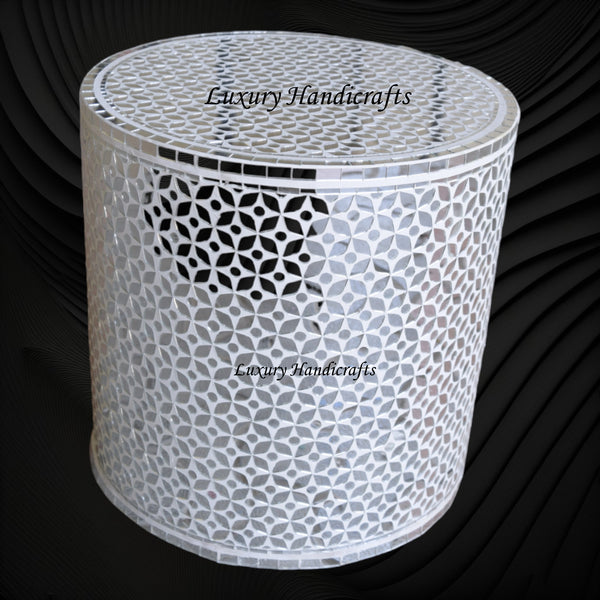 Thikri Glass Inlay Geometric Round Side Table White