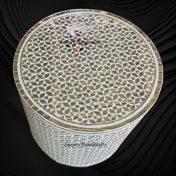 Thikri Glass Inlay Geometric Round Side Table White