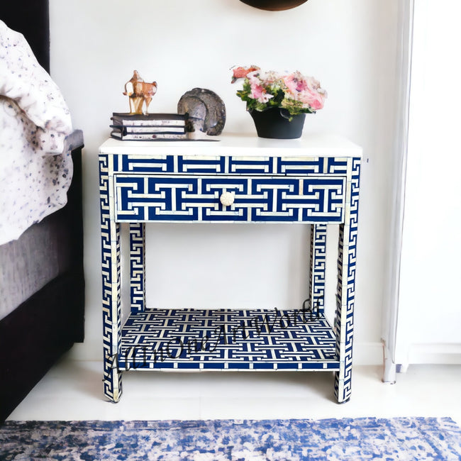 Indigo bone inlay bedside table with drawer and shelf