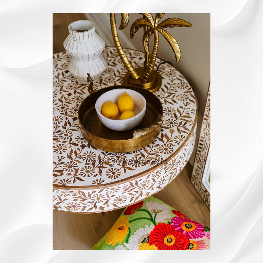 Timber Inlay Round Coffee Table Flannel Flower – Luxury Handicraft