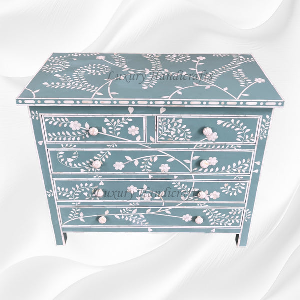 Vine Bone Inlay 5 Drawer Dresser Dull Green