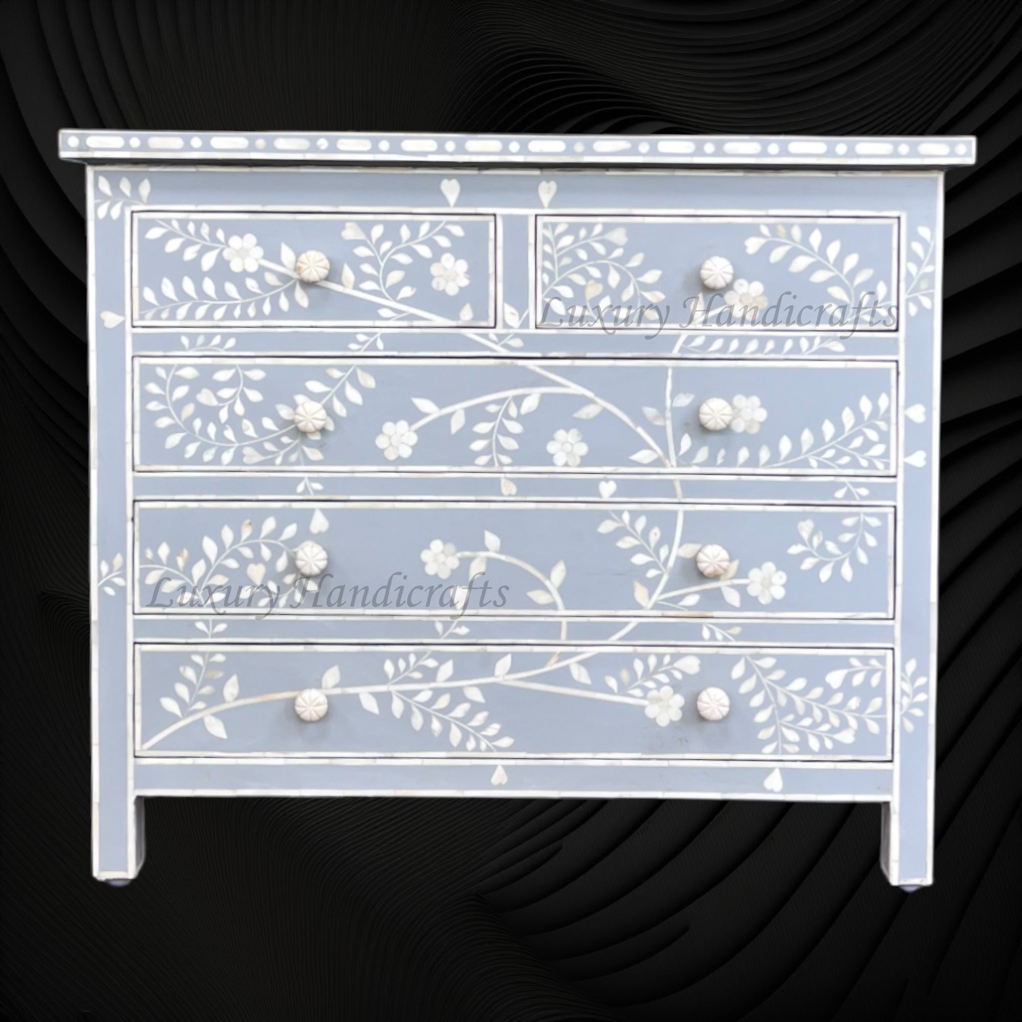 Vine Bone Inlay 5 Drawer Dresser Grey