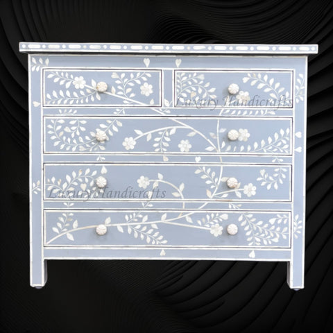 Vine Bone Inlay 5 Drawer Dresser Grey