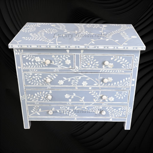 Vine Bone Inlay 5 Drawer Dresser Grey