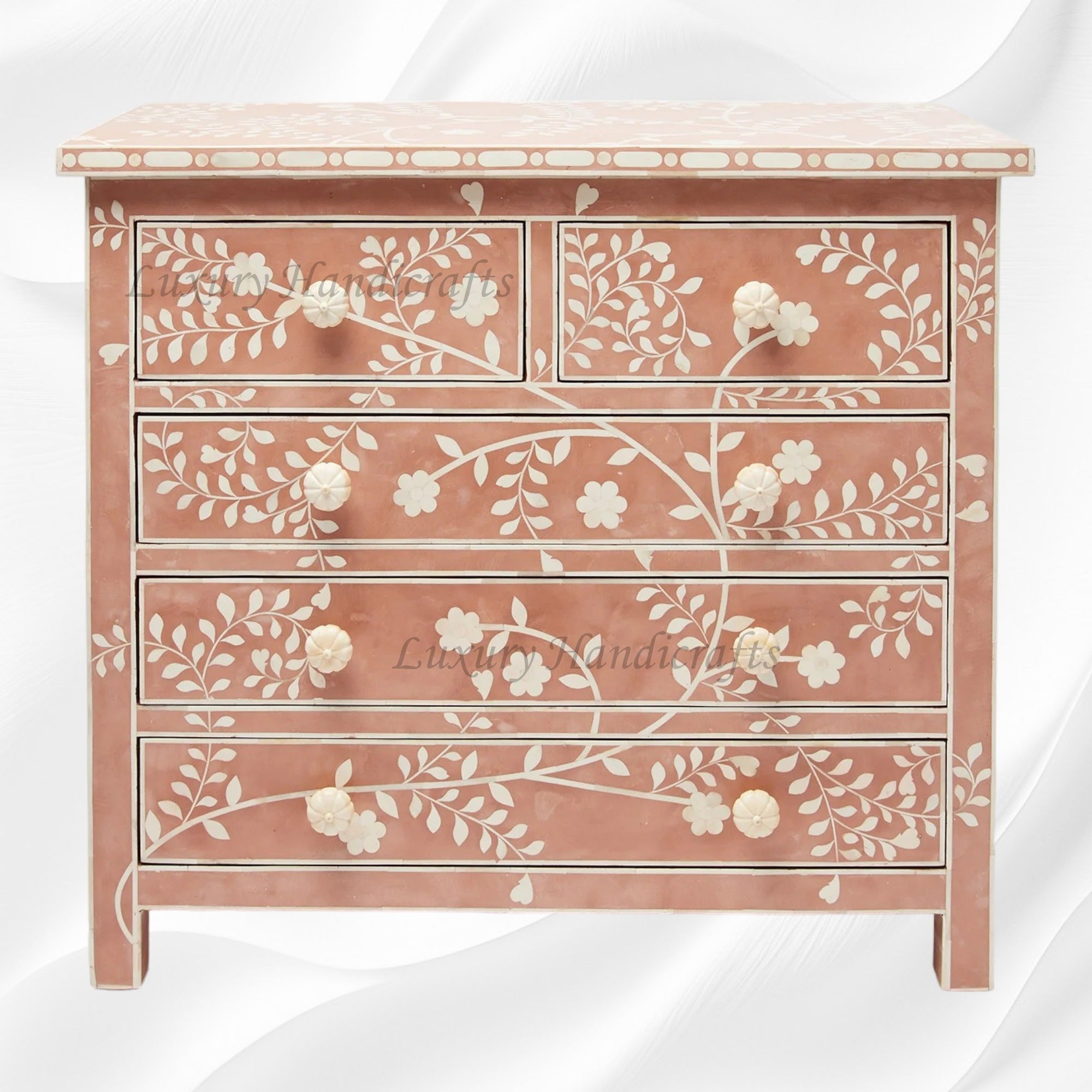 Vine Bone Inlay 5 Drawer Dresser Terracotta