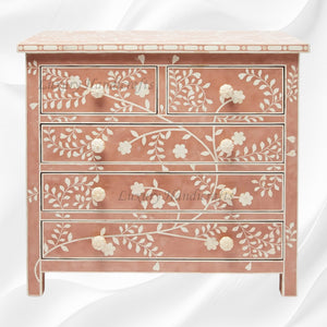 Vine Bone Inlay 5 Drawer Dresser Terracotta