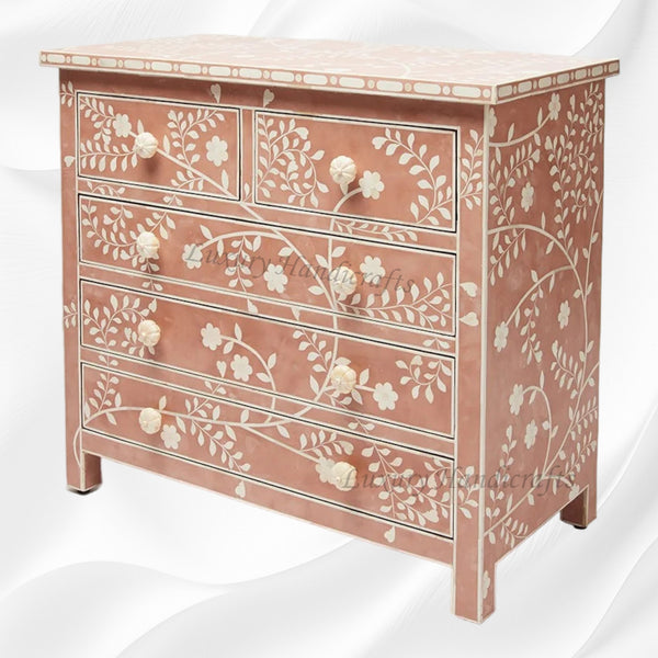 Vine Bone Inlay 5 Drawer Dresser Terracotta