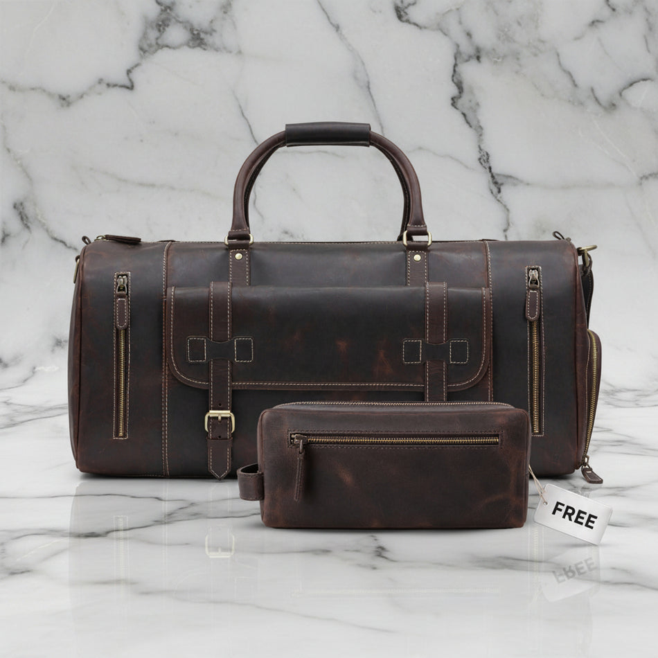 Miguel Vintage Leather Luggage Bag Dark Brown with Free Toiletry Bag