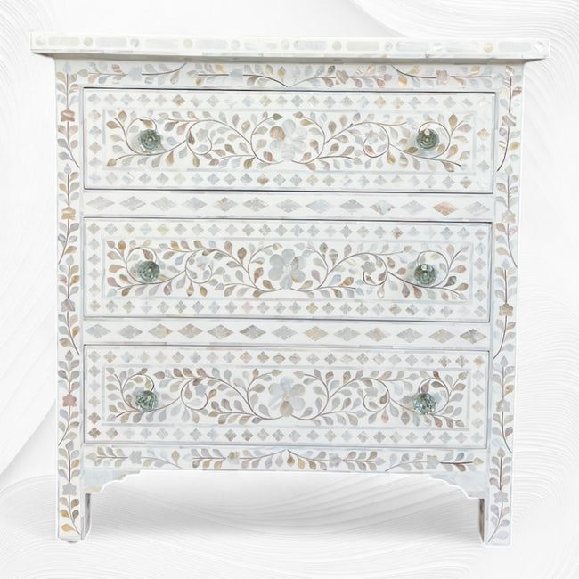 White Mother Of Pearl Inlay 3 Drawer Chest Floral