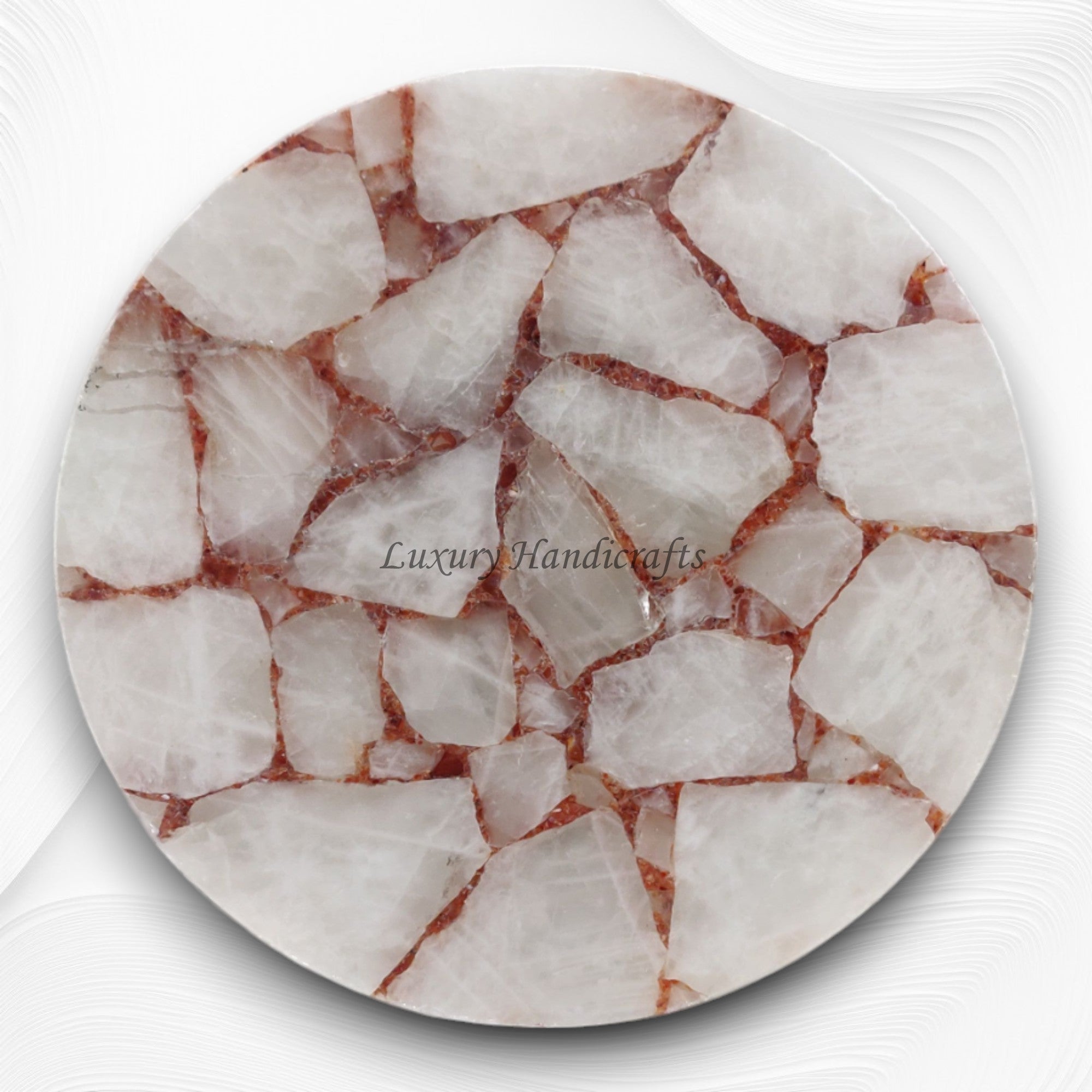 White Calcite Table Top Round Red Crystals – Luxury Handicraft