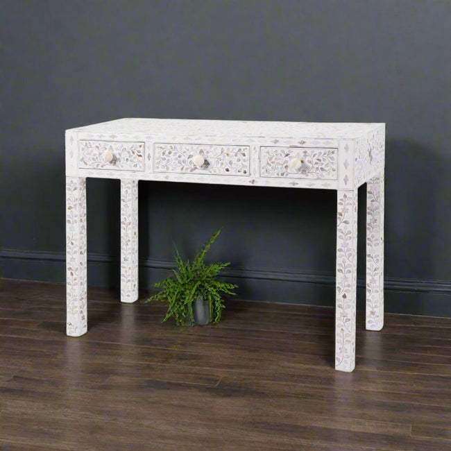 White Mother Of Pearl Inlay Floral 3 Drawer Console Table
