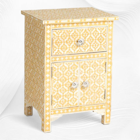 Table de chevet Arctic avec incrustation d'os jaune, 1 tiroir, 2 portes