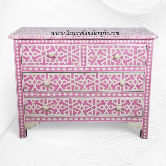 Abstract Bone Inlay Chest of 4 Drawers Pink