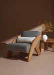 Arc Bolster Wooden Lounge Chair striped fabric in a room