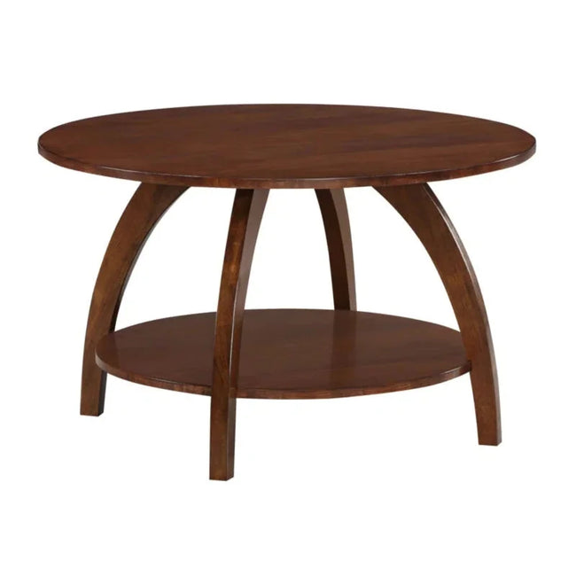 Arlo round solid wood coffee table in brown with four arched legs and a lower shelf, on a white background